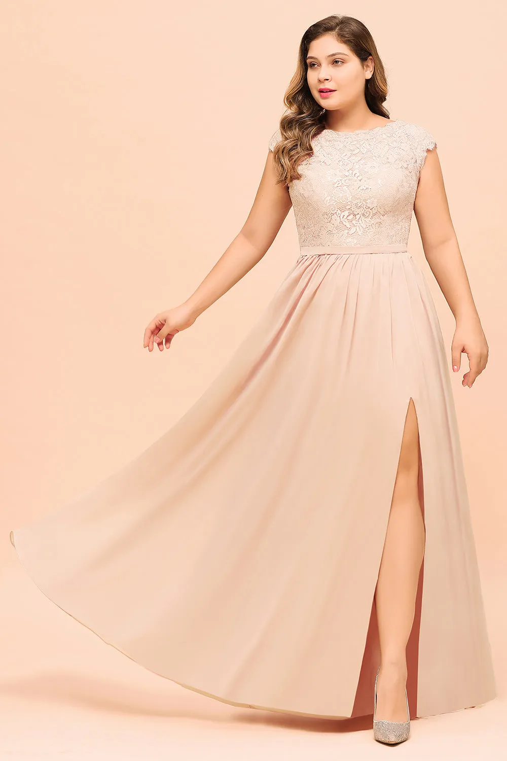 Elegant A-line Jewel Chiffon Long Plus Size Bridesmaid Dresses with Slit