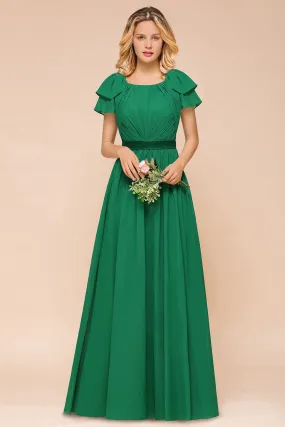 Elegant Long A-line Bateau Ruched Chiffon Bridesmaid Dress with Sleeves