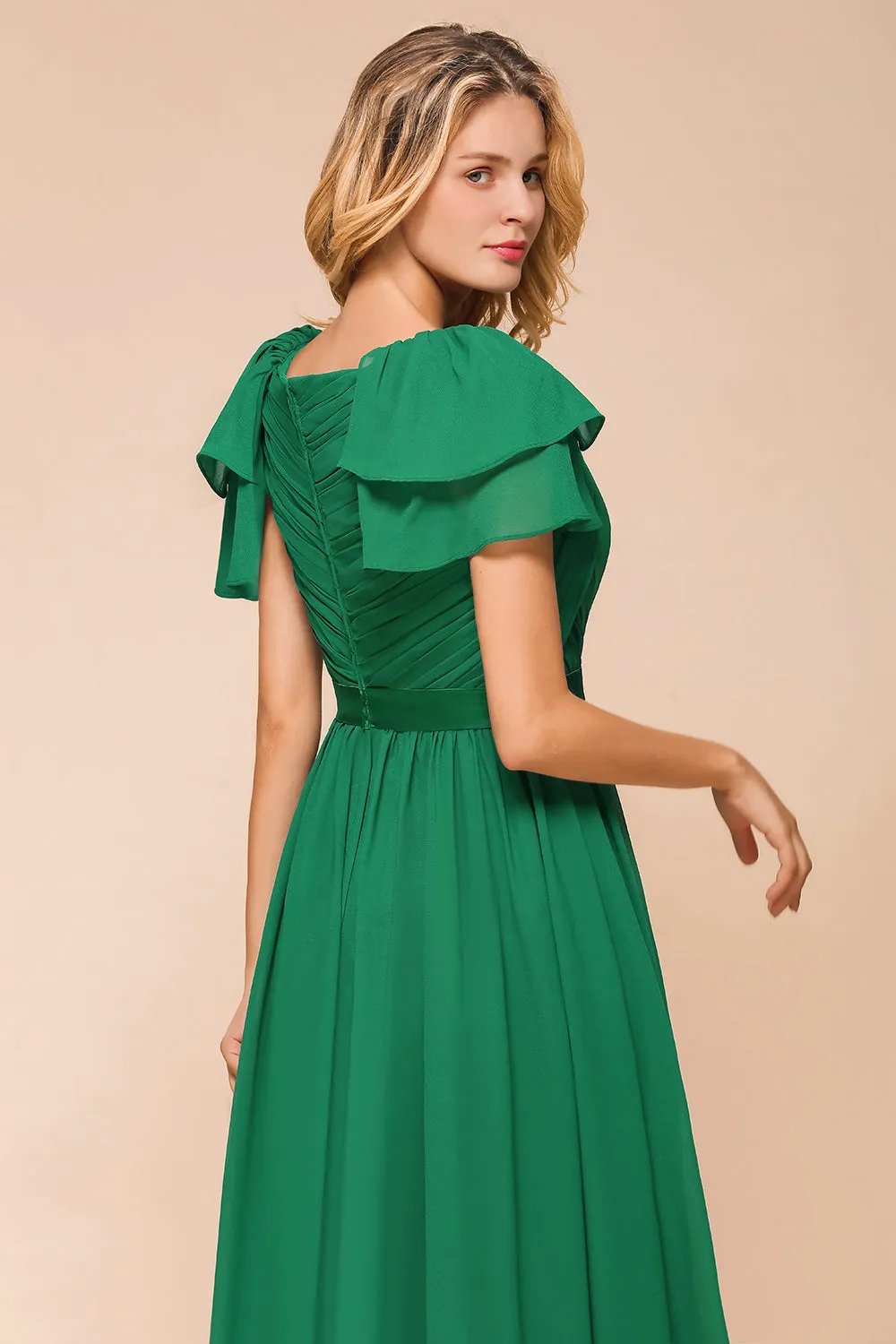 Elegant Long A-line Bateau Ruched Chiffon Bridesmaid Dress with Sleeves