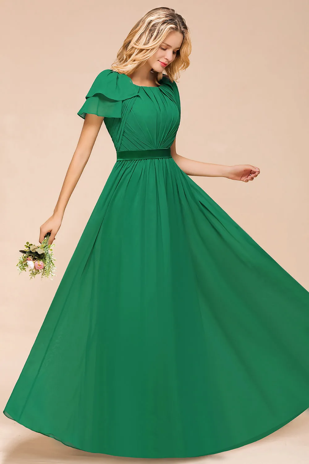 Elegant Long A-line Bateau Ruched Chiffon Bridesmaid Dress with Sleeves