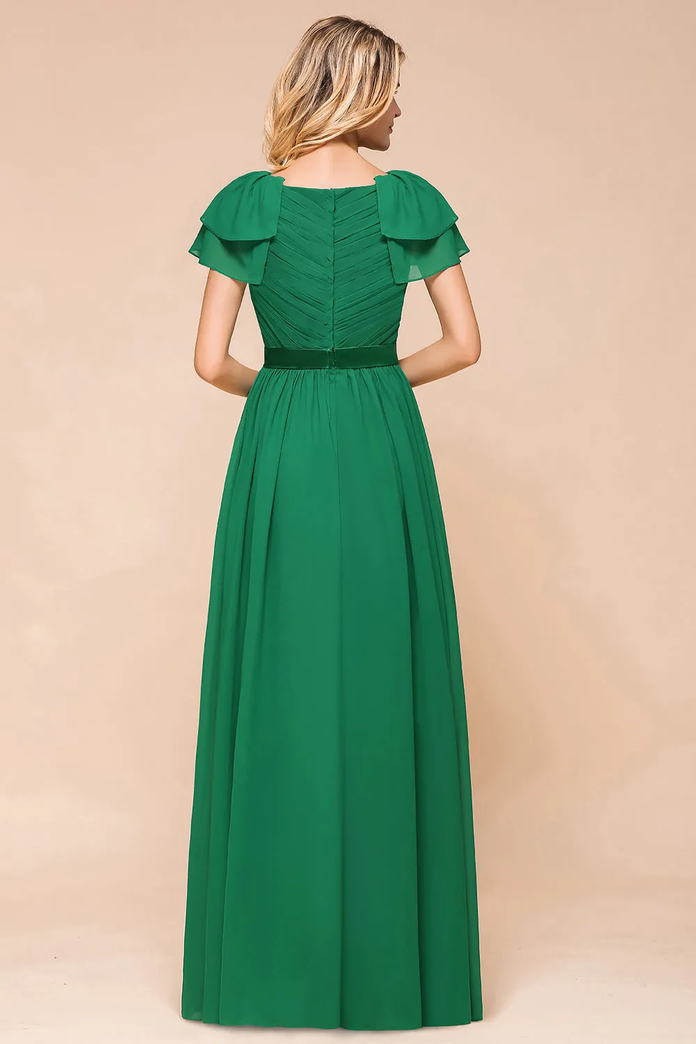 Elegant Long A-line Bateau Ruched Chiffon Bridesmaid Dress with Sleeves