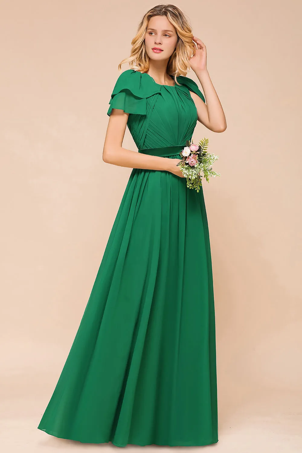 Elegant Long A-line Bateau Ruched Chiffon Bridesmaid Dress with Sleeves