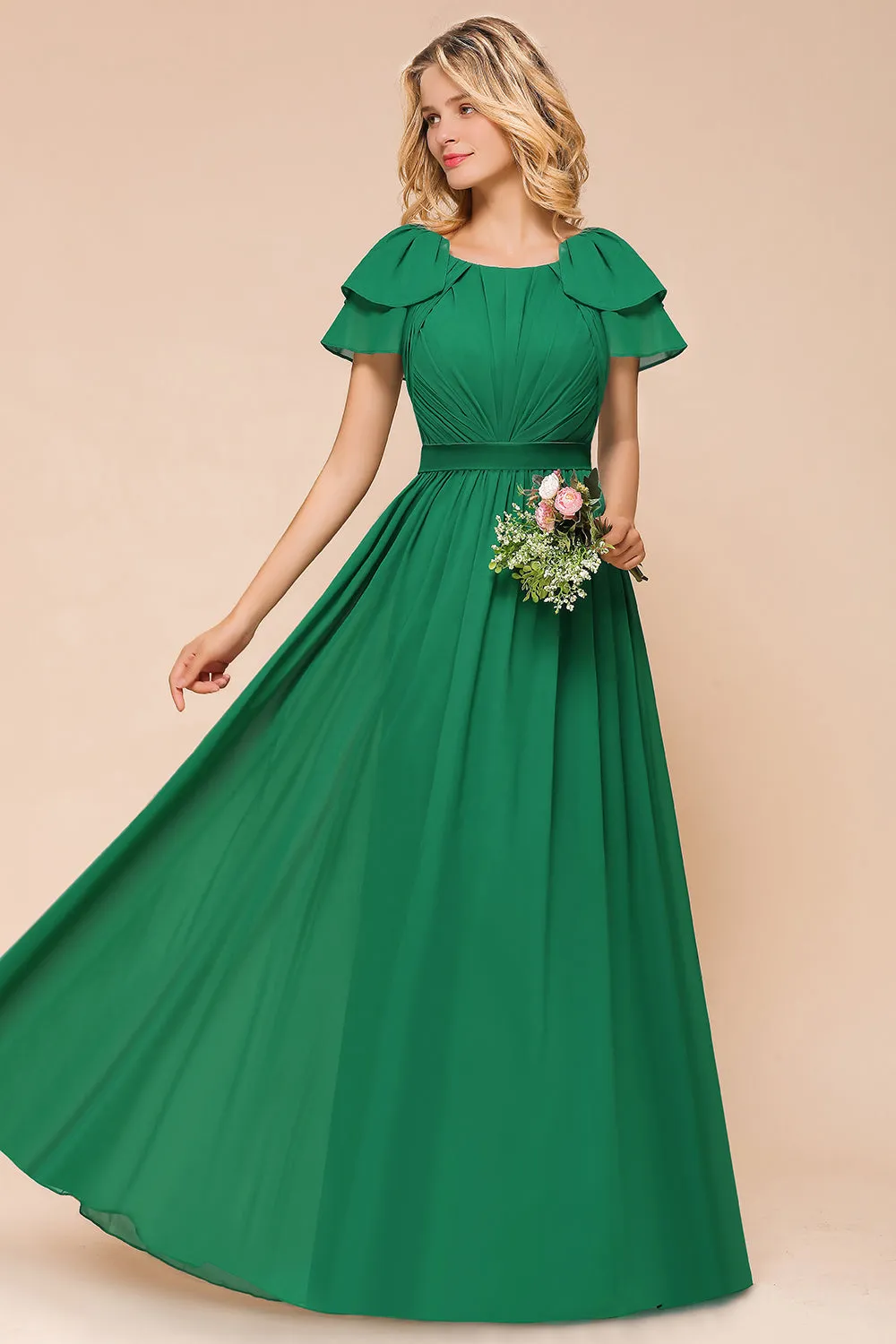 Elegant Long A-line Bateau Ruched Chiffon Bridesmaid Dress with Sleeves