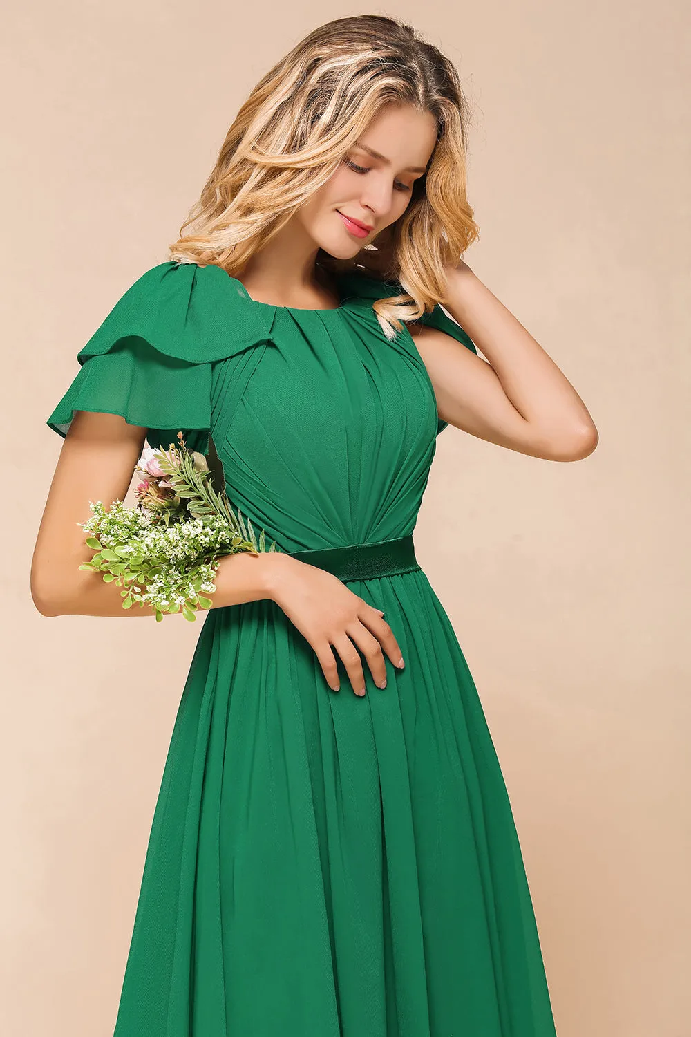 Elegant Long A-line Bateau Ruched Chiffon Bridesmaid Dress with Sleeves