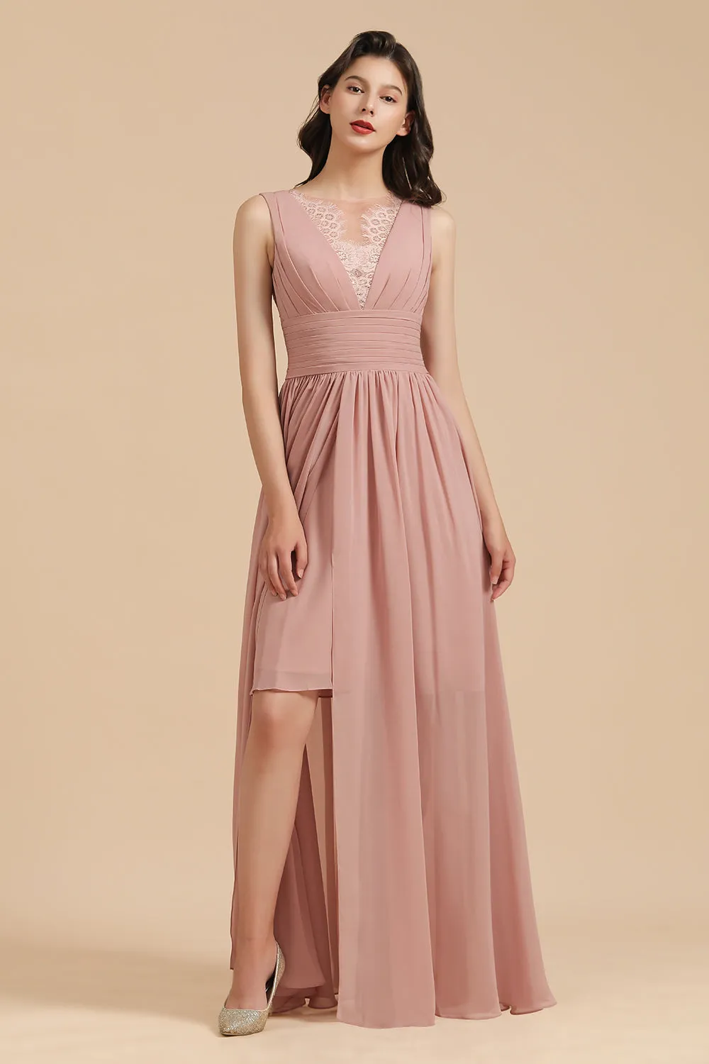 Elegant Long A-line Straps Lace Chiffon Dusty Rose Bridesmaid Dress