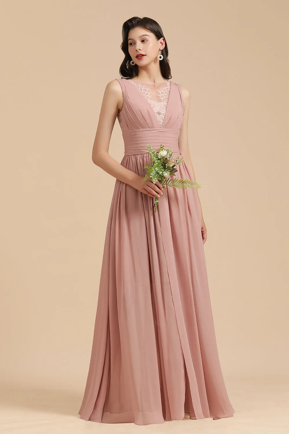 Elegant Long A-line Straps Lace Chiffon Dusty Rose Bridesmaid Dress