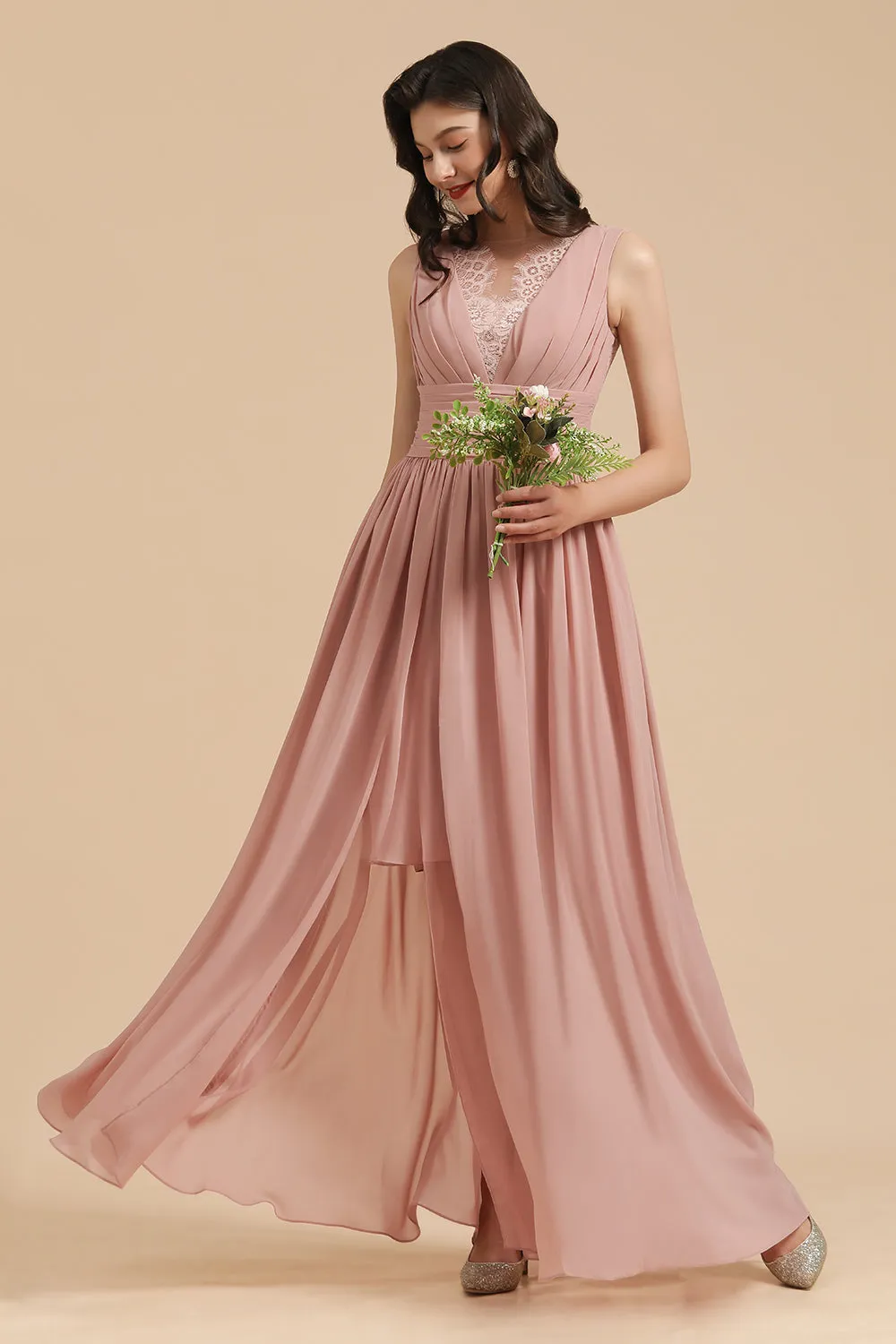 Elegant Long A-line Straps Lace Chiffon Dusty Rose Bridesmaid Dress