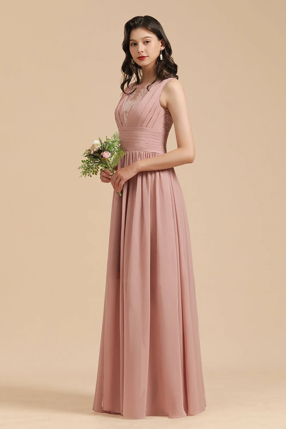 Elegant Long A-line Straps Lace Chiffon Dusty Rose Bridesmaid Dress
