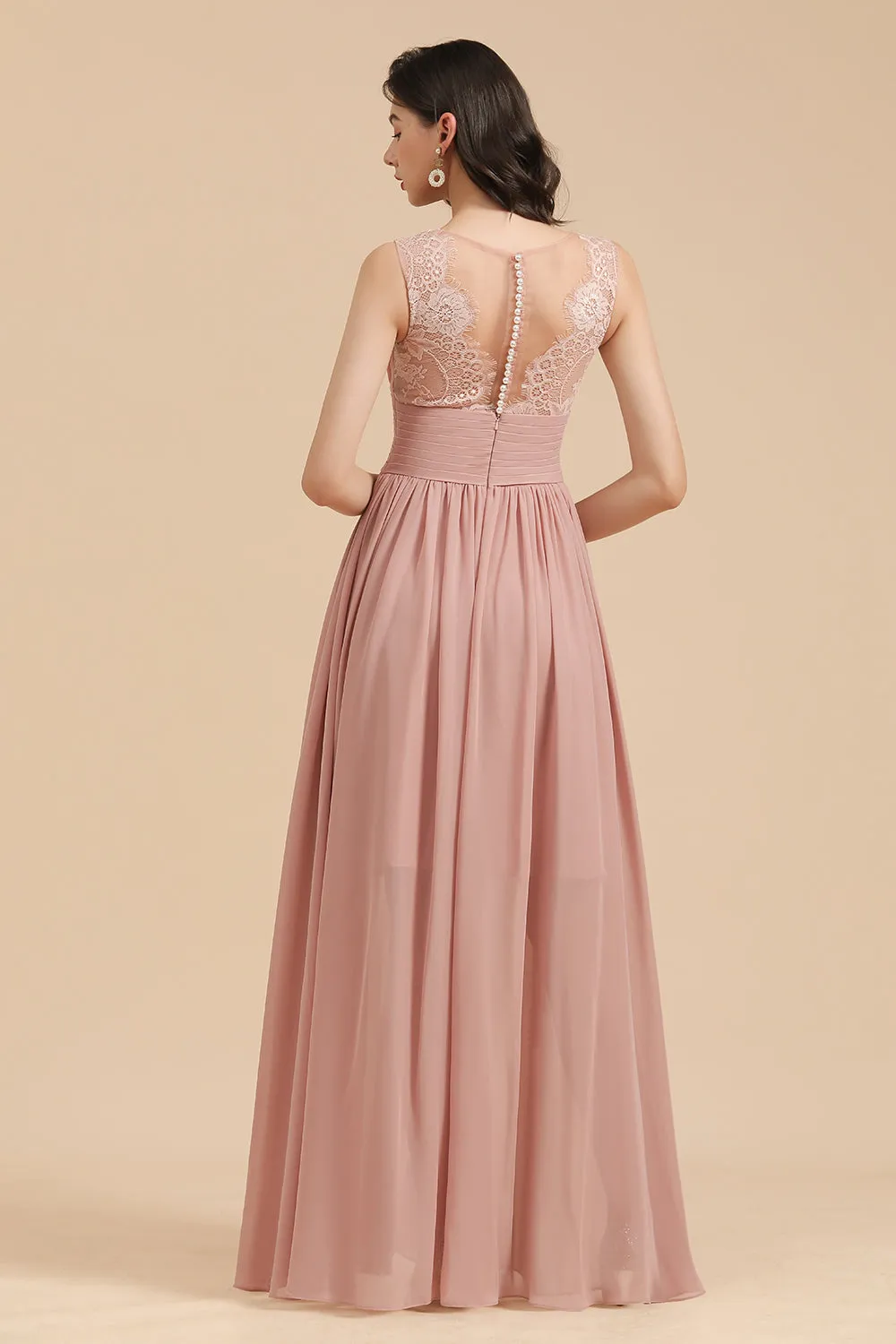 Elegant Long A-line Straps Lace Chiffon Dusty Rose Bridesmaid Dress