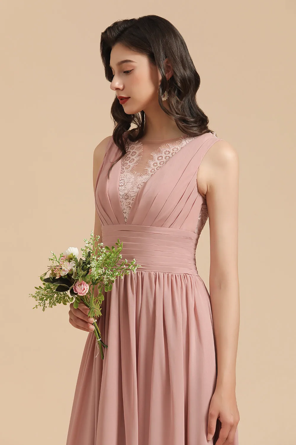 Elegant Long A-line Straps Lace Chiffon Dusty Rose Bridesmaid Dress