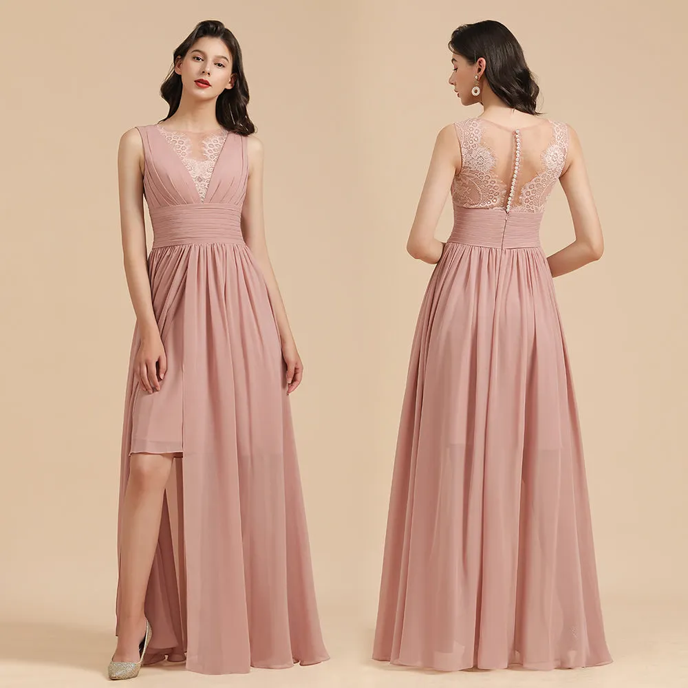 Elegant Long A-line Straps Lace Chiffon Dusty Rose Bridesmaid Dress