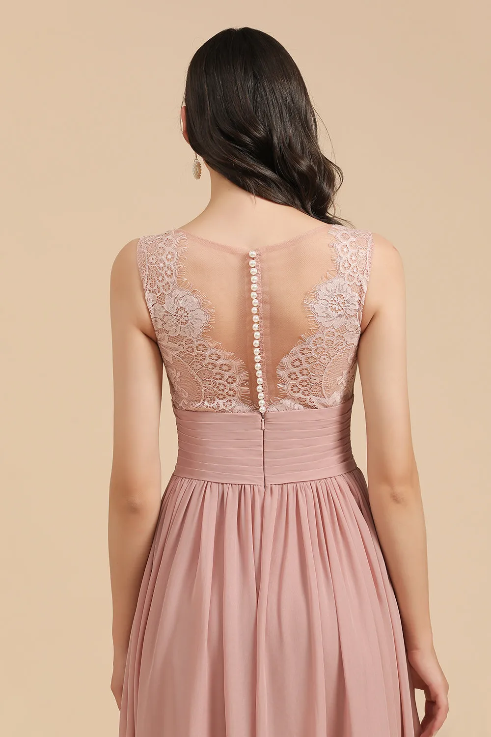 Elegant Long A-line Straps Lace Chiffon Dusty Rose Bridesmaid Dress