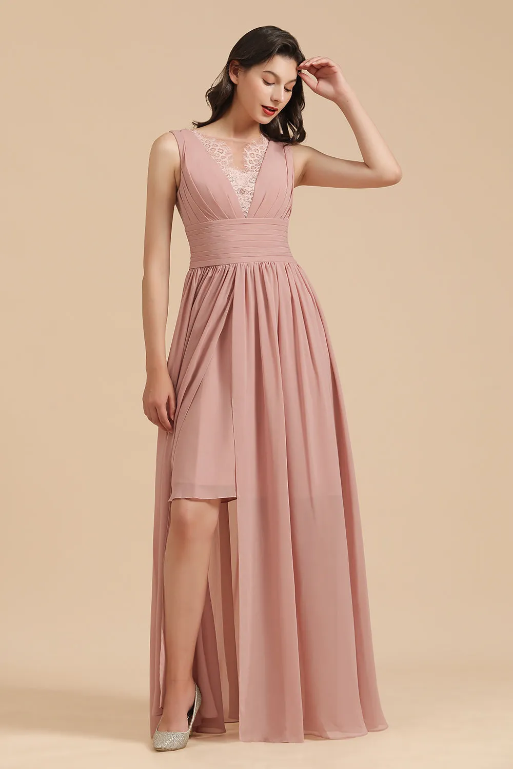 Elegant Long A-line Straps Lace Chiffon Dusty Rose Bridesmaid Dress