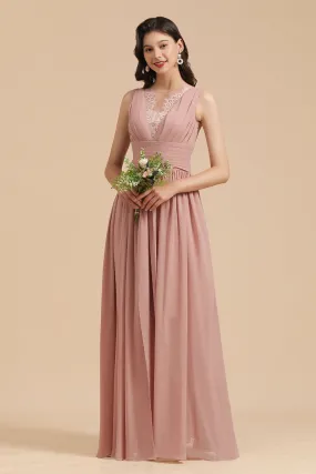 Elegant Long A-line Straps Lace Chiffon Dusty Rose Bridesmaid Dress