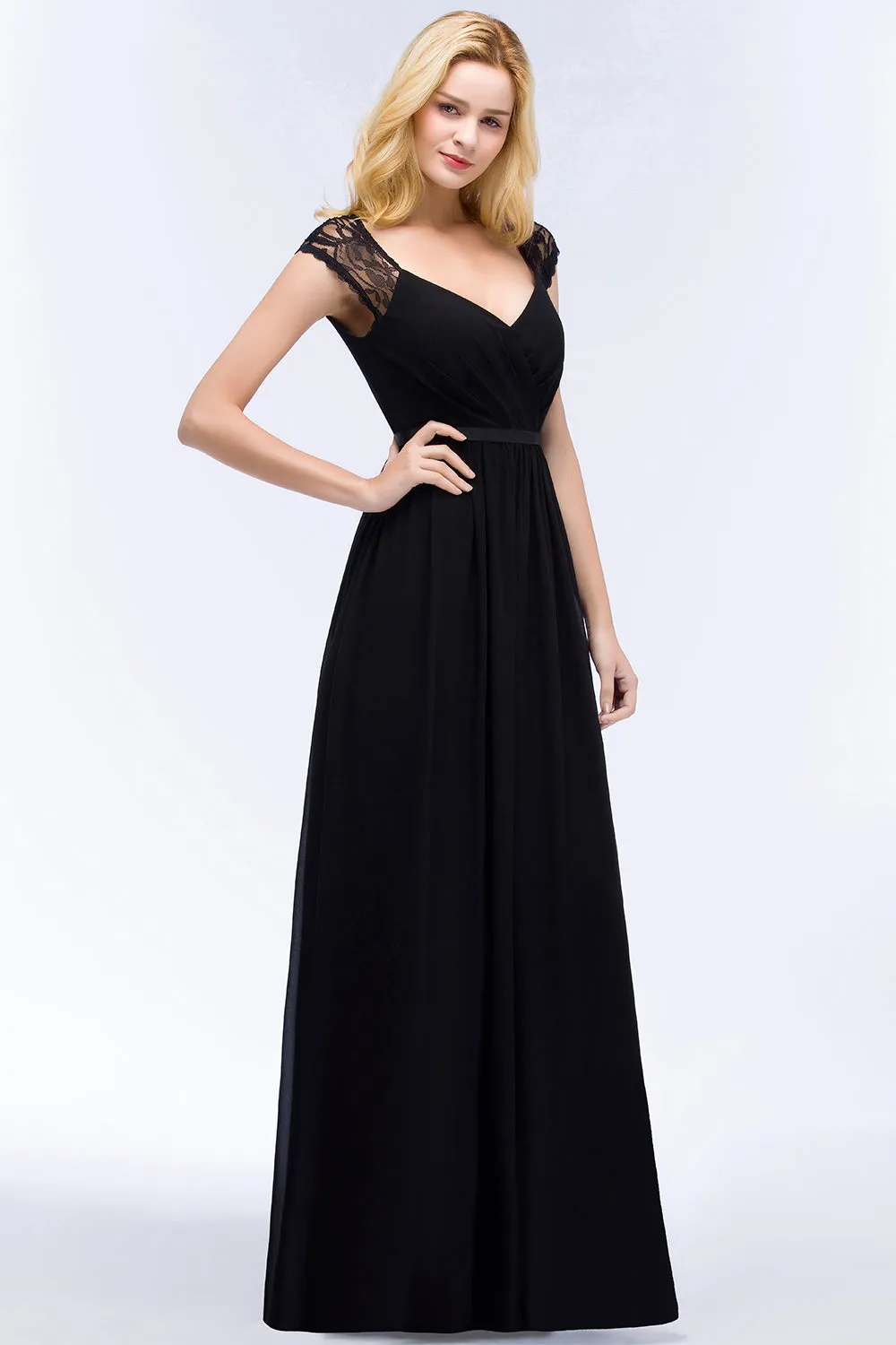 Elegant Long Mermaid Lace V-Neck Chiffon Bridesmaid Dresses with Sash