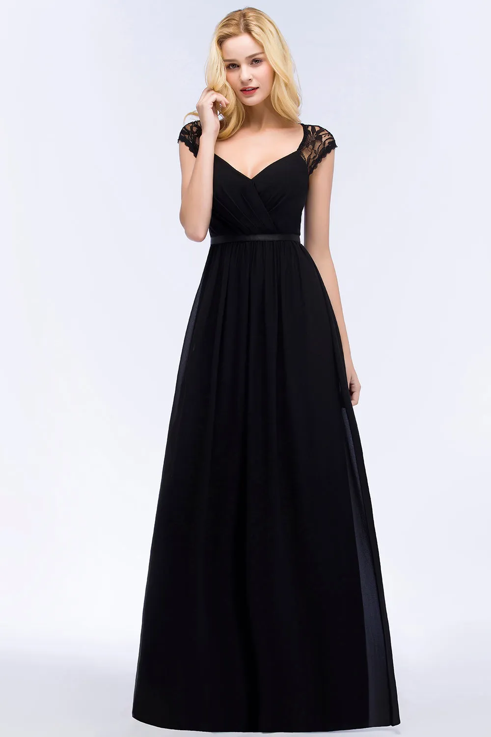 Elegant Long Mermaid Lace V-Neck Chiffon Bridesmaid Dresses with Sash