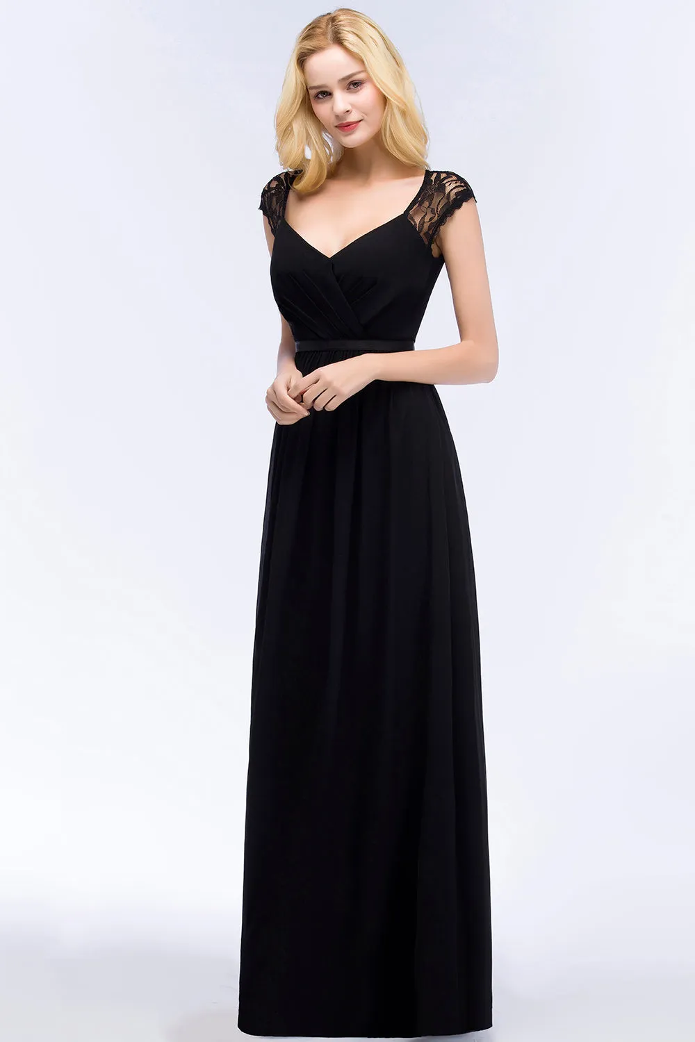 Elegant Long Mermaid Lace V-Neck Chiffon Bridesmaid Dresses with Sash