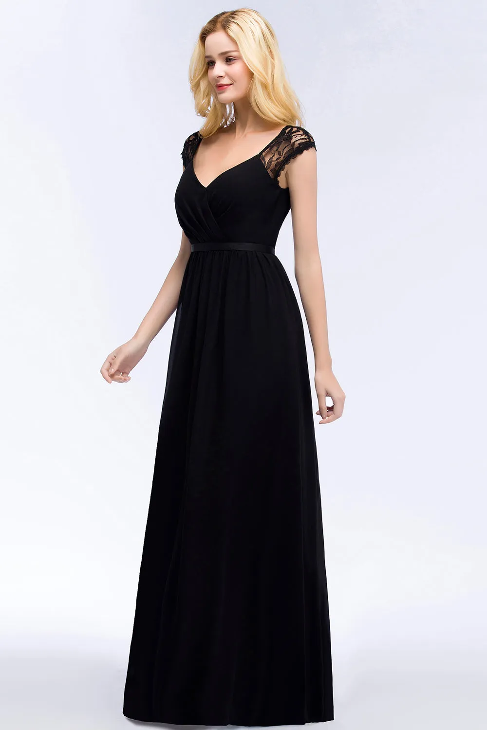 Elegant Long Mermaid Lace V-Neck Chiffon Bridesmaid Dresses with Sash