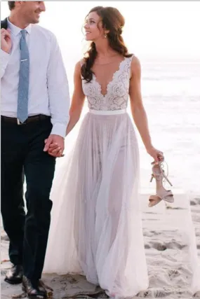 Elegant Simple Lace Tulle Long Zipper Back Beach Wedding Dress