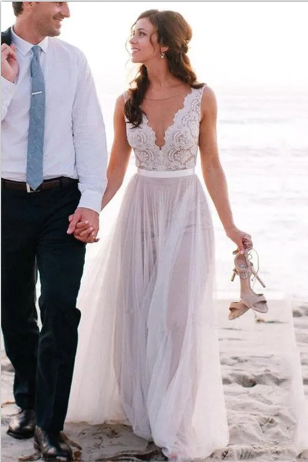 Elegant Simple Lace Tulle Long Zipper Back Beach Wedding Dress
