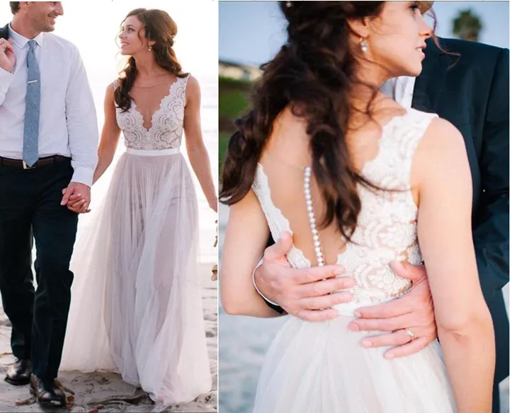 Elegant Simple Lace Tulle Long Zipper Back Beach Wedding Dress