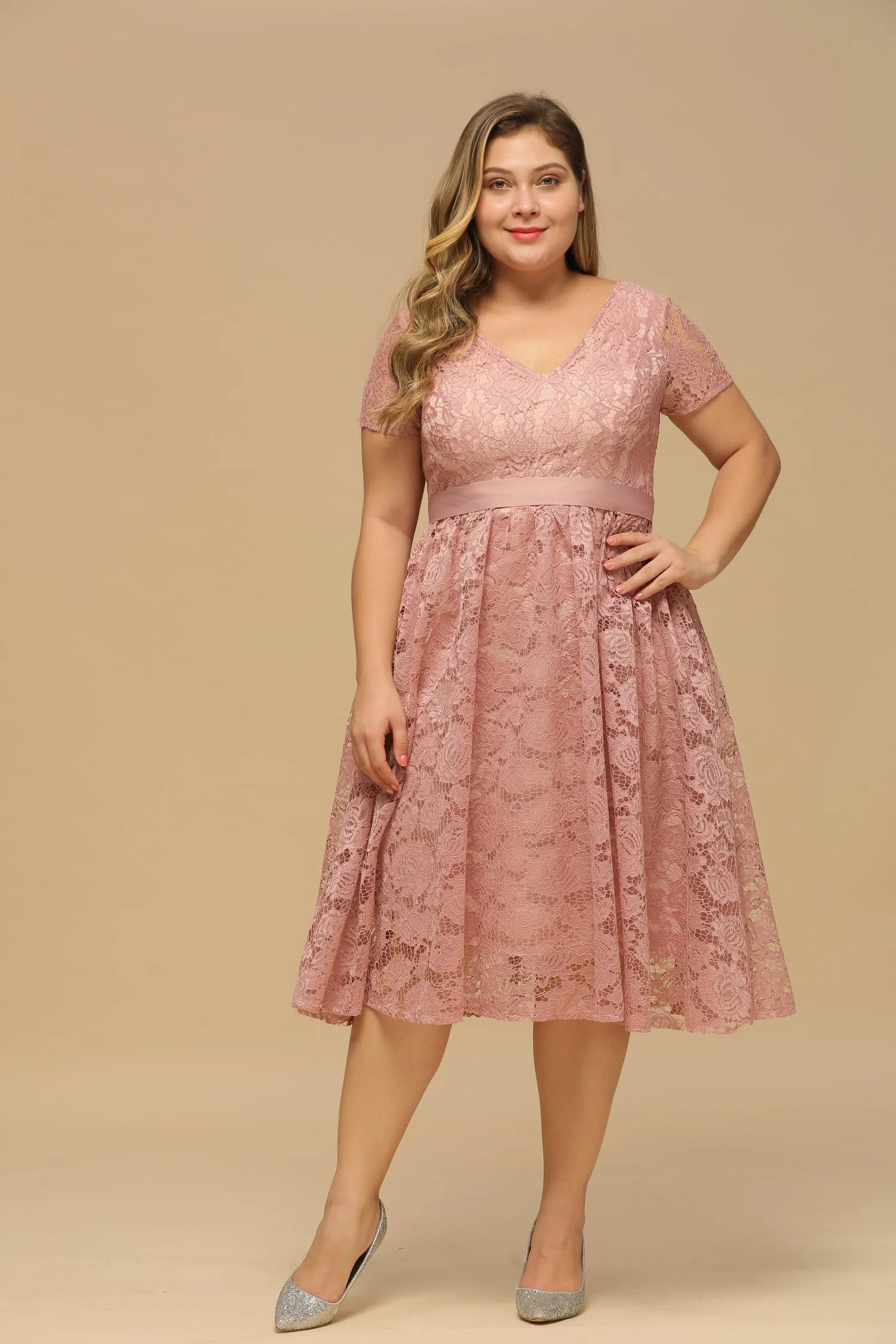 Elegant V Neck A Line Tea Length Floral Lace Formal Dress with Sleeves