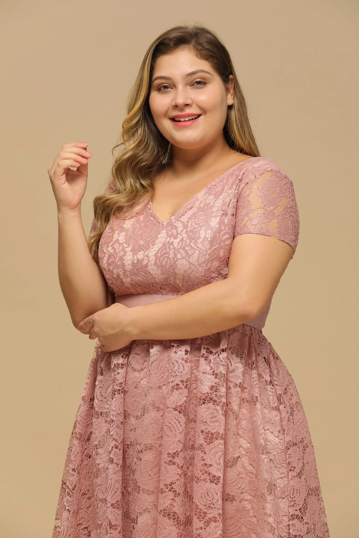 Elegant V Neck A Line Tea Length Floral Lace Formal Dress with Sleeves