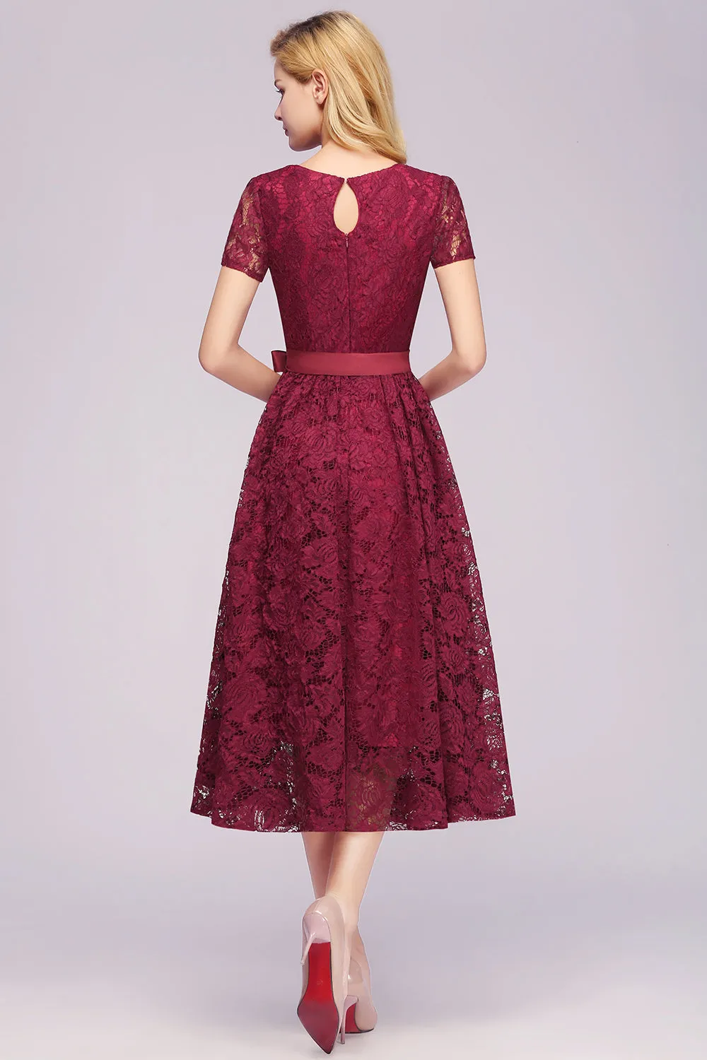 Elegant V Neck A Line Tea Length Floral Lace Formal Dress with Sleeves