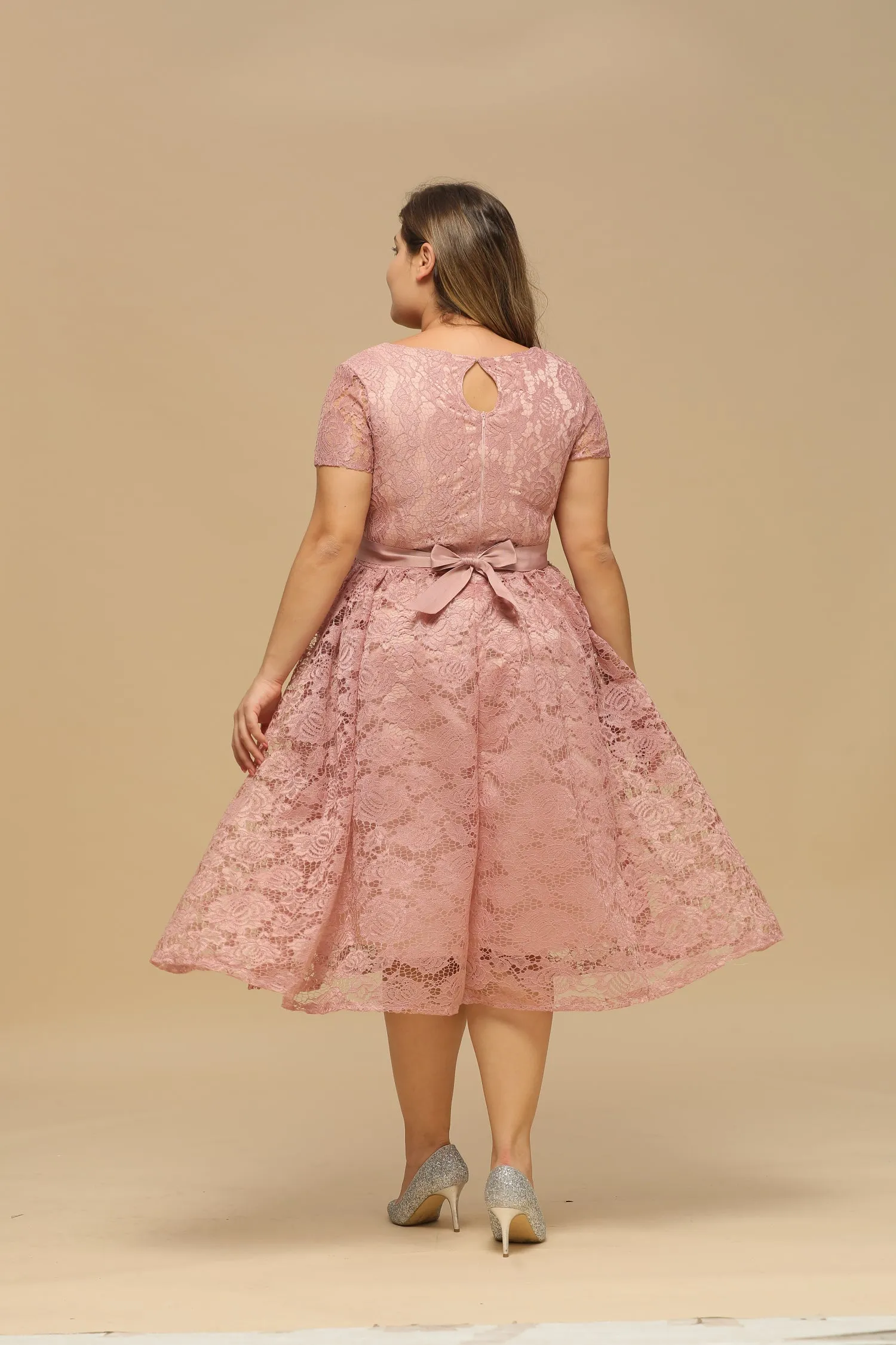 Elegant V Neck A Line Tea Length Floral Lace Formal Dress with Sleeves