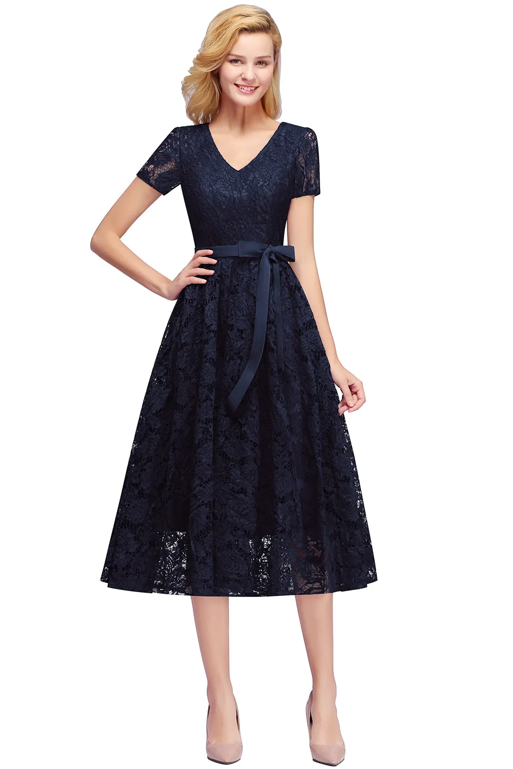 Elegant V Neck A Line Tea Length Floral Lace Formal Dress with Sleeves