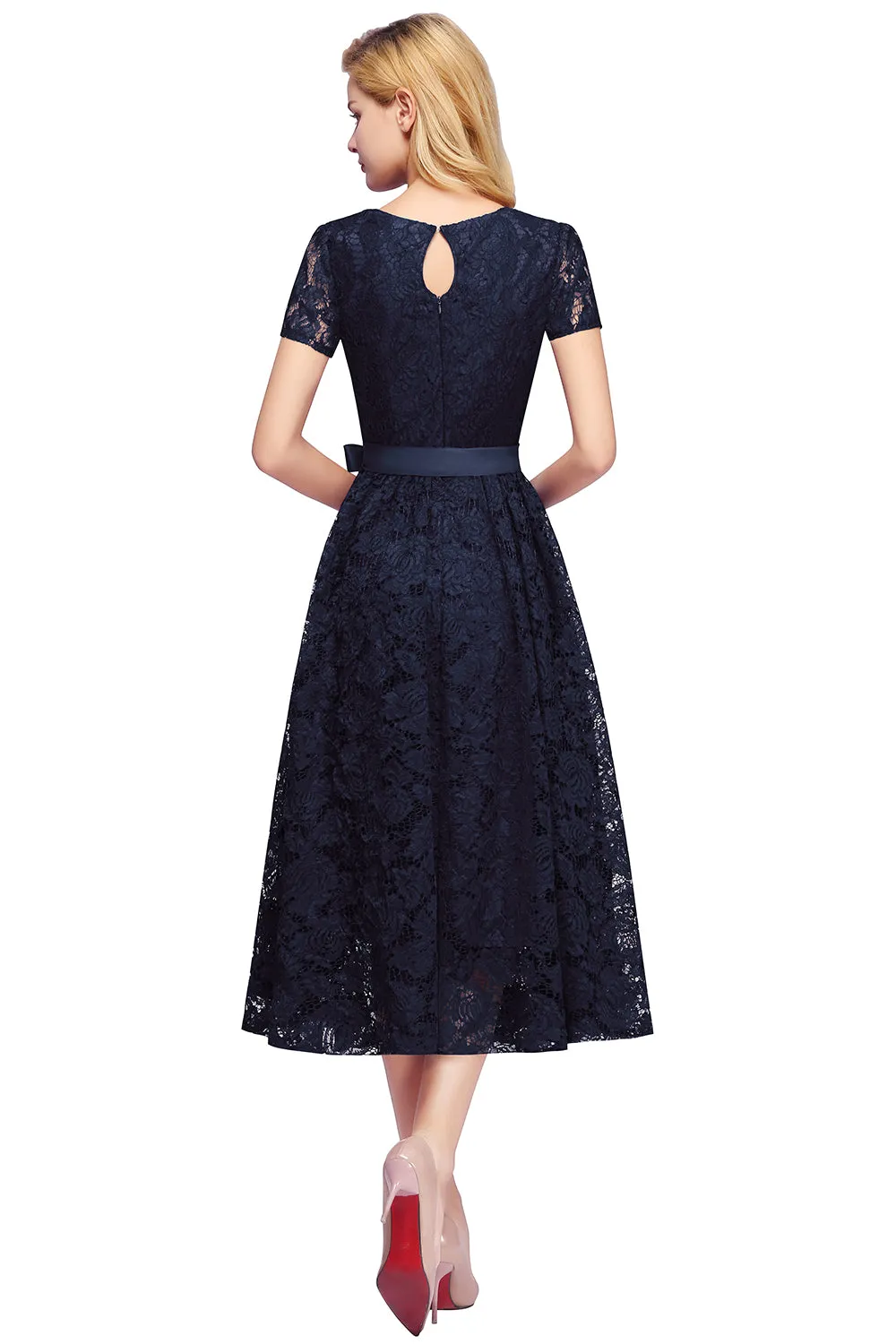 Elegant V Neck A Line Tea Length Floral Lace Formal Dress with Sleeves