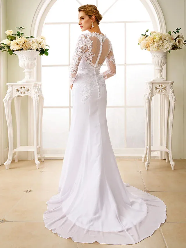 Engagement Open Back Formal Wedding Dresses Court Train Mermaid Trumpet Long Sleeve V Neck Chiffon With Sash Ribbon Appliques