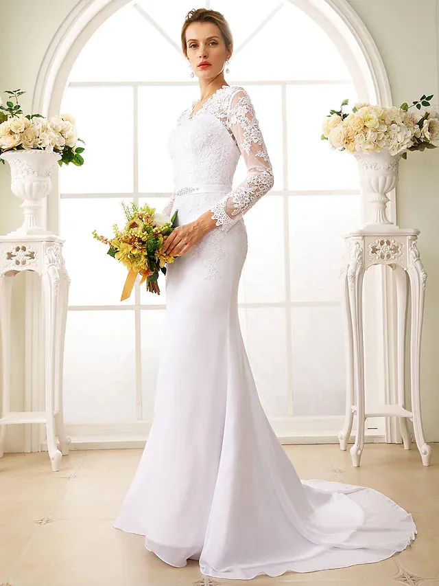 Engagement Open Back Formal Wedding Dresses Court Train Mermaid Trumpet Long Sleeve V Neck Chiffon With Sash Ribbon Appliques