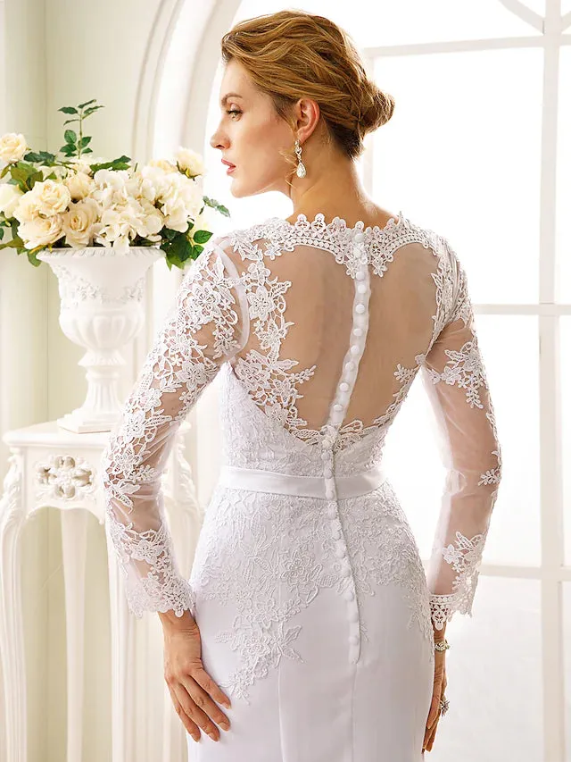 Engagement Open Back Formal Wedding Dresses Court Train Mermaid Trumpet Long Sleeve V Neck Chiffon With Sash Ribbon Appliques