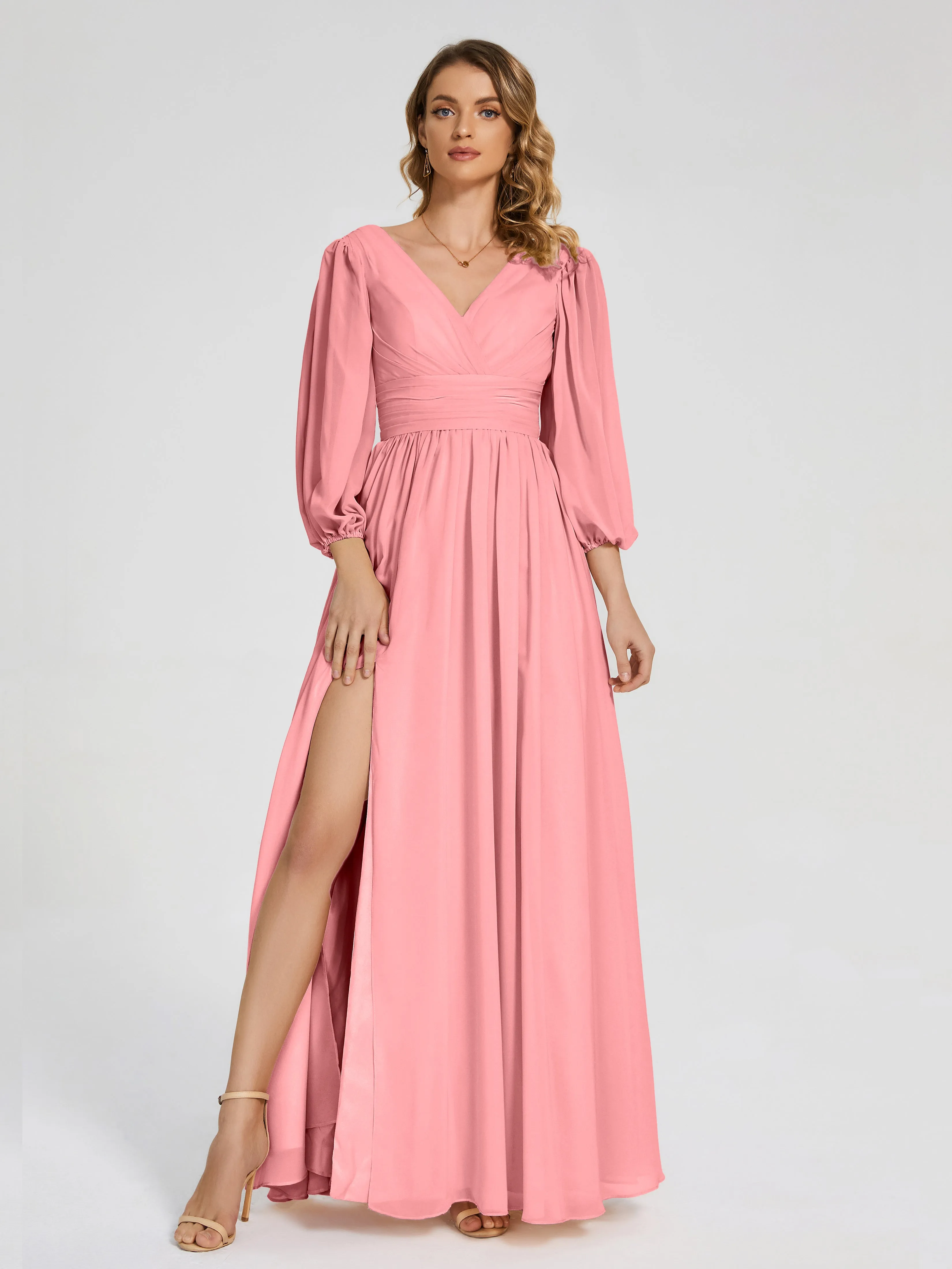 Flamingo Bridesmaids Dresses Journey Long Sleeves Split Chiffon Bridesmaid Dresses