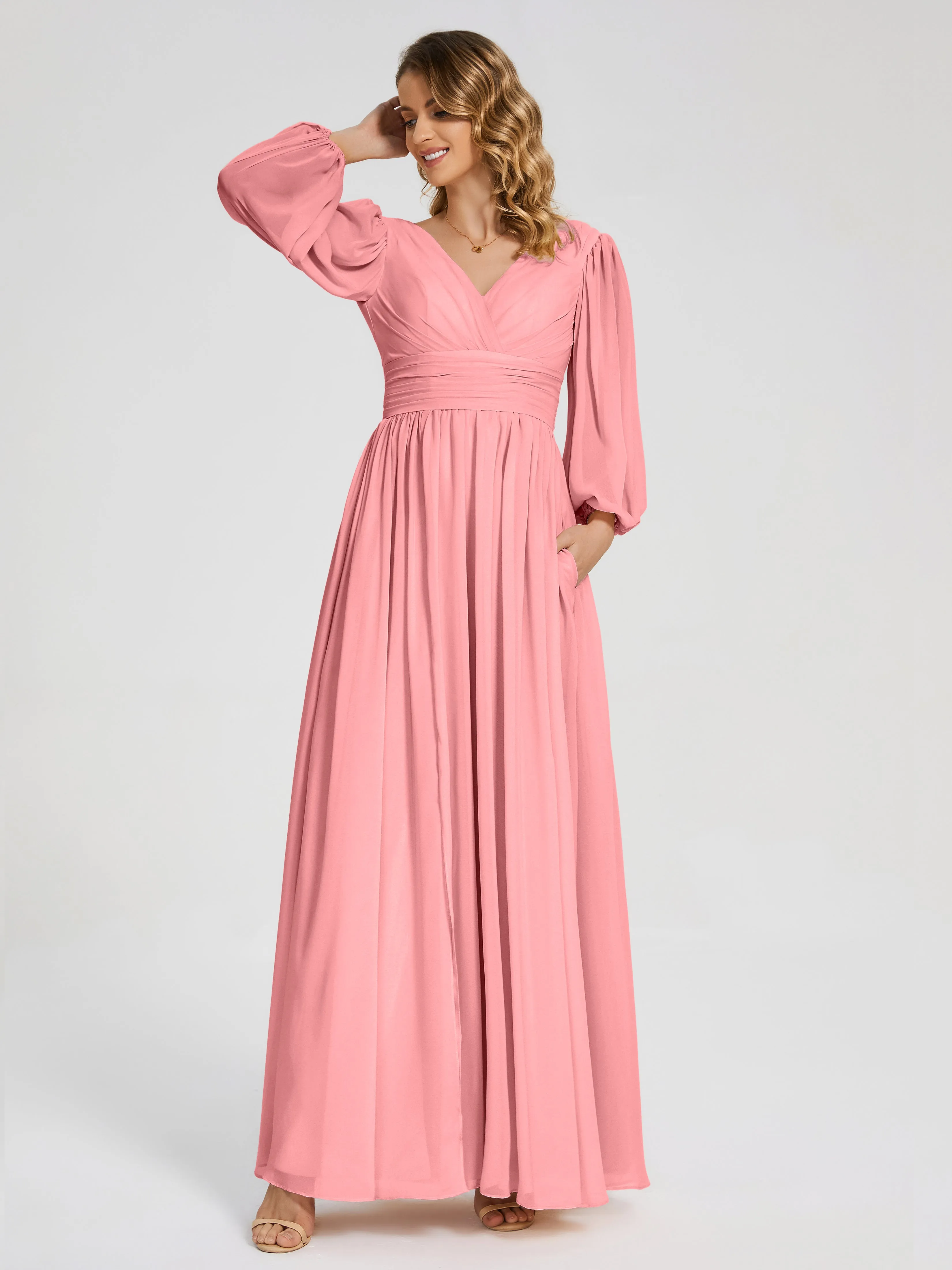 Flamingo Bridesmaids Dresses Journey Long Sleeves Split Chiffon Bridesmaid Dresses
