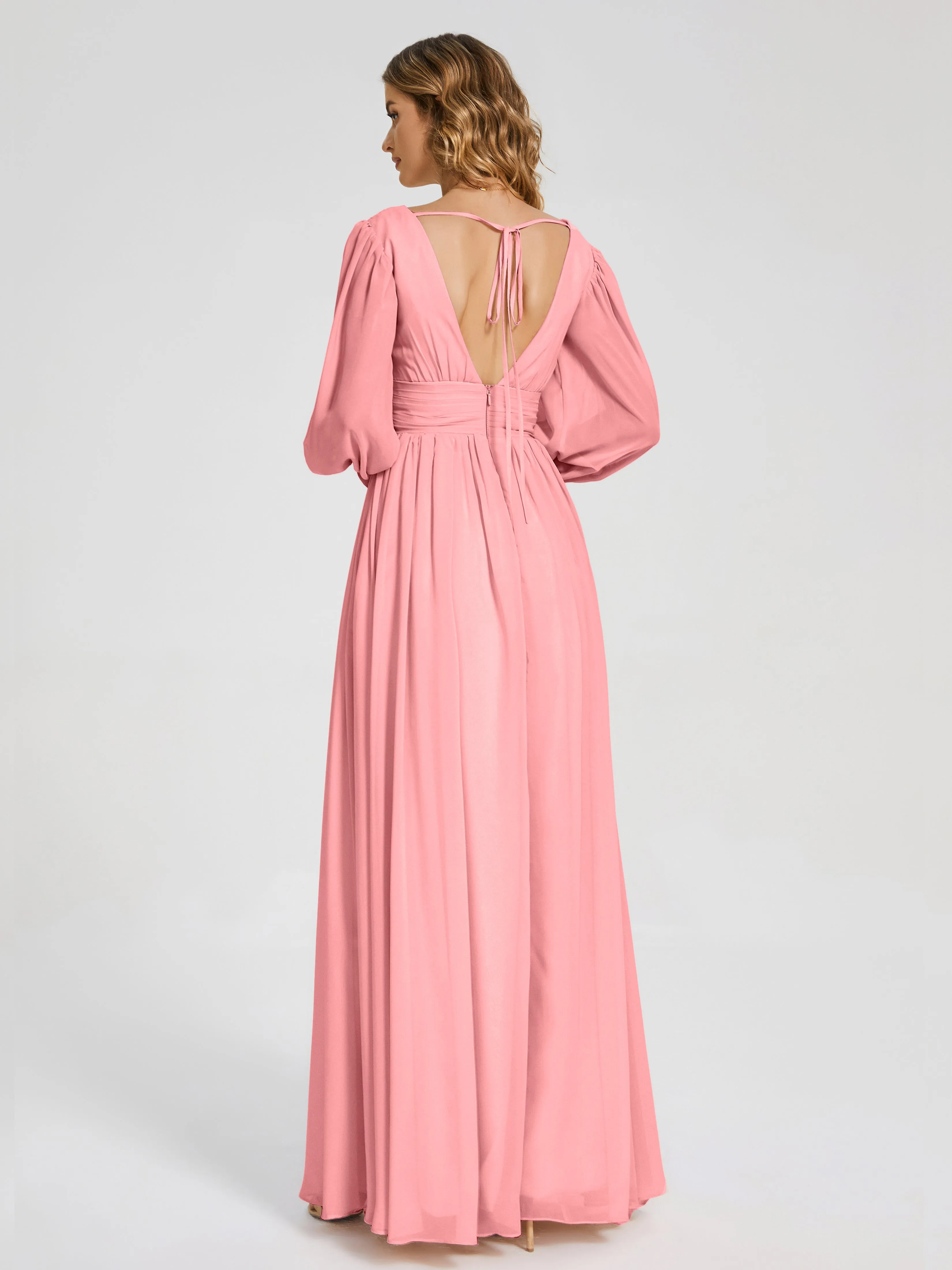 Flamingo Bridesmaids Dresses Journey Long Sleeves Split Chiffon Bridesmaid Dresses