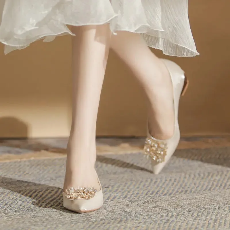 Flat Shoes Bridal Shoes Square Buckle Rhinestone Low Heeled Single Shoes