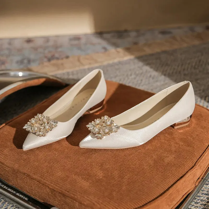Flat Shoes Bridal Shoes Square Buckle Rhinestone Low Heeled Single Shoes