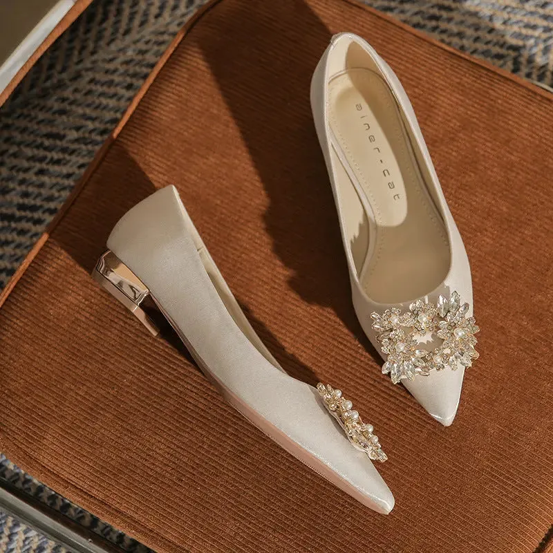 Flat Shoes Bridal Shoes Square Buckle Rhinestone Low Heeled Single Shoes