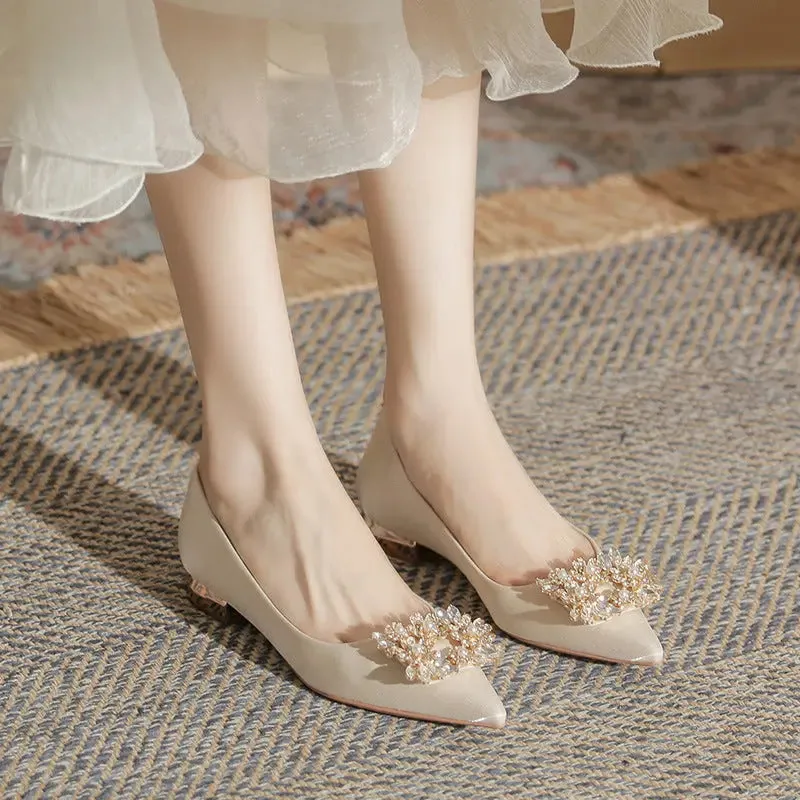 Flat Shoes Bridal Shoes Square Buckle Rhinestone Low Heeled Single Shoes