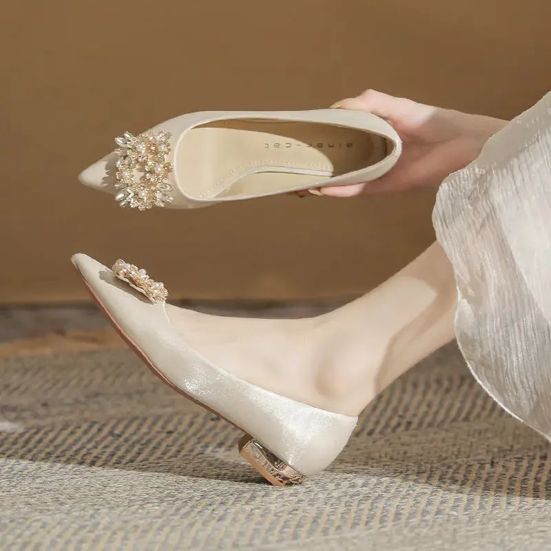 Flat Shoes Bridal Shoes Square Buckle Rhinestone Low Heeled Single Shoes
