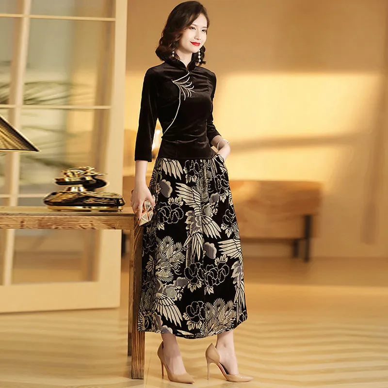 Flocking Cheongsam Top & Floral Loose Pants Chinese Costume Suit