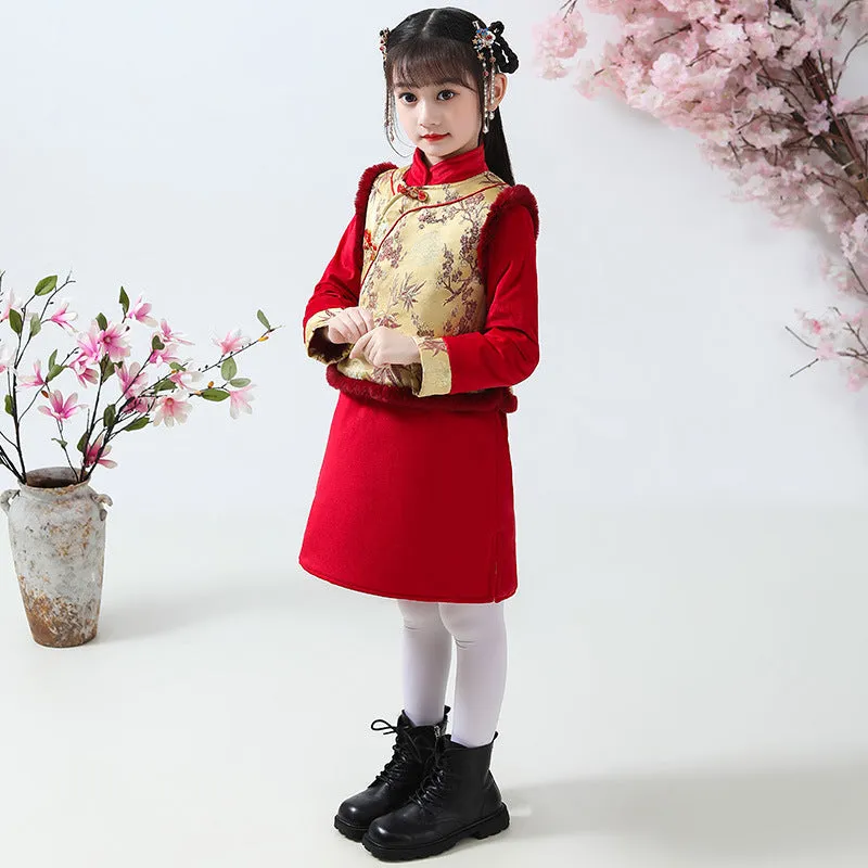 Floral Brocade Wadded  Cheongsam & Waistcoat Girl's Suit