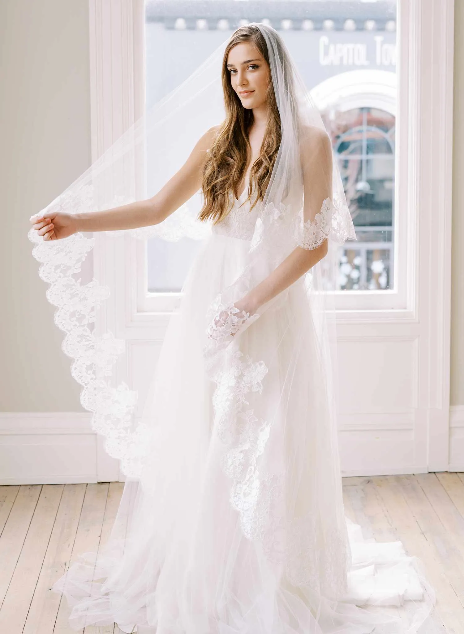 Floral romance French lace veil on silk tulle - Style #2460