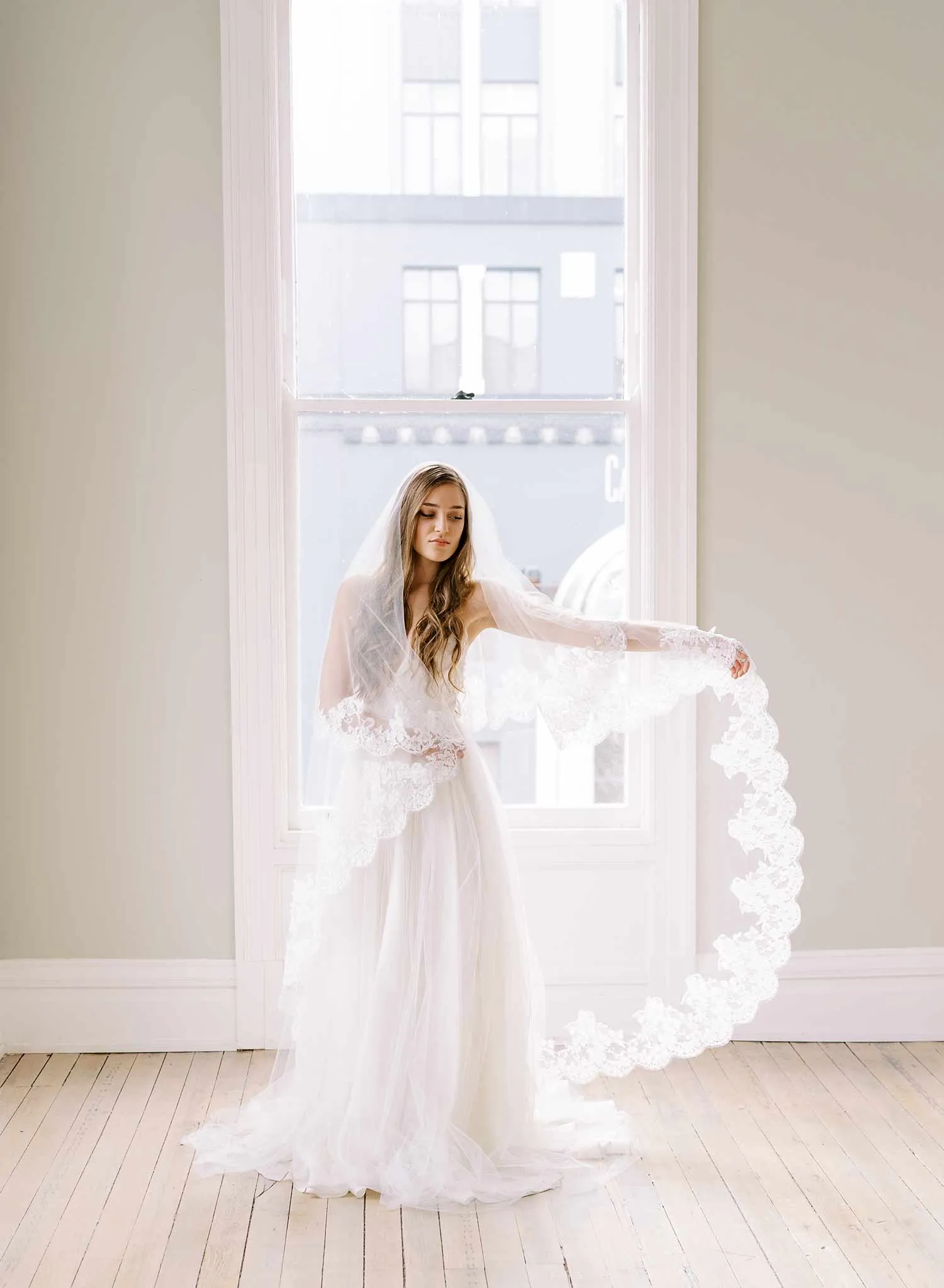 Floral romance French lace veil on silk tulle - Style #2460