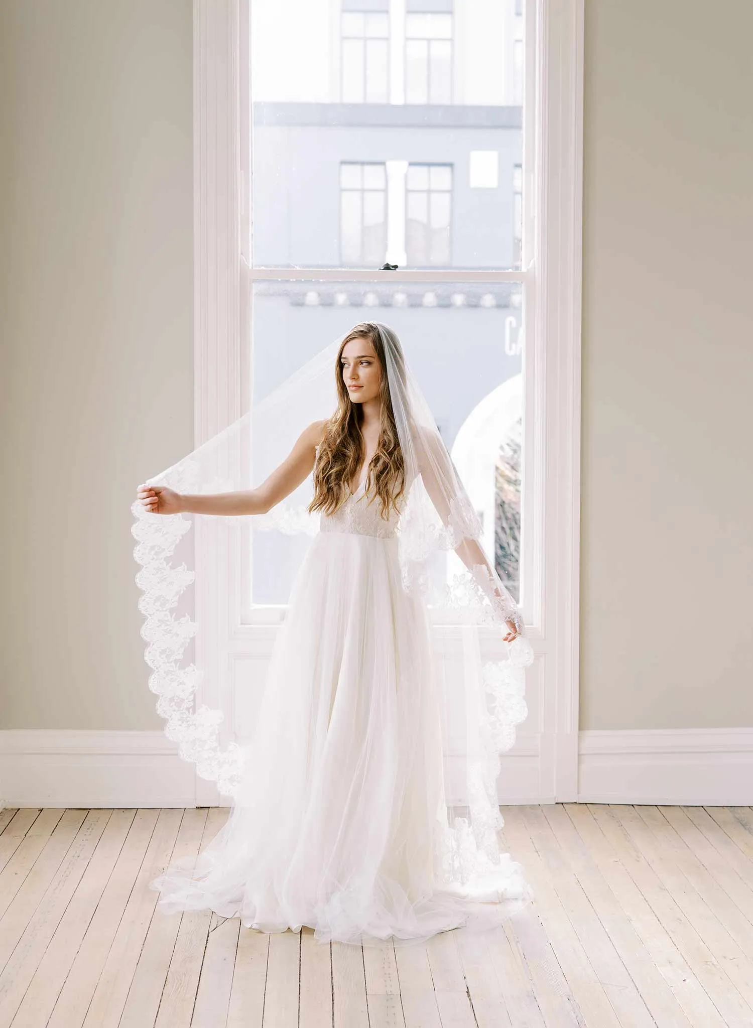 Floral romance French lace veil on silk tulle - Style #2460
