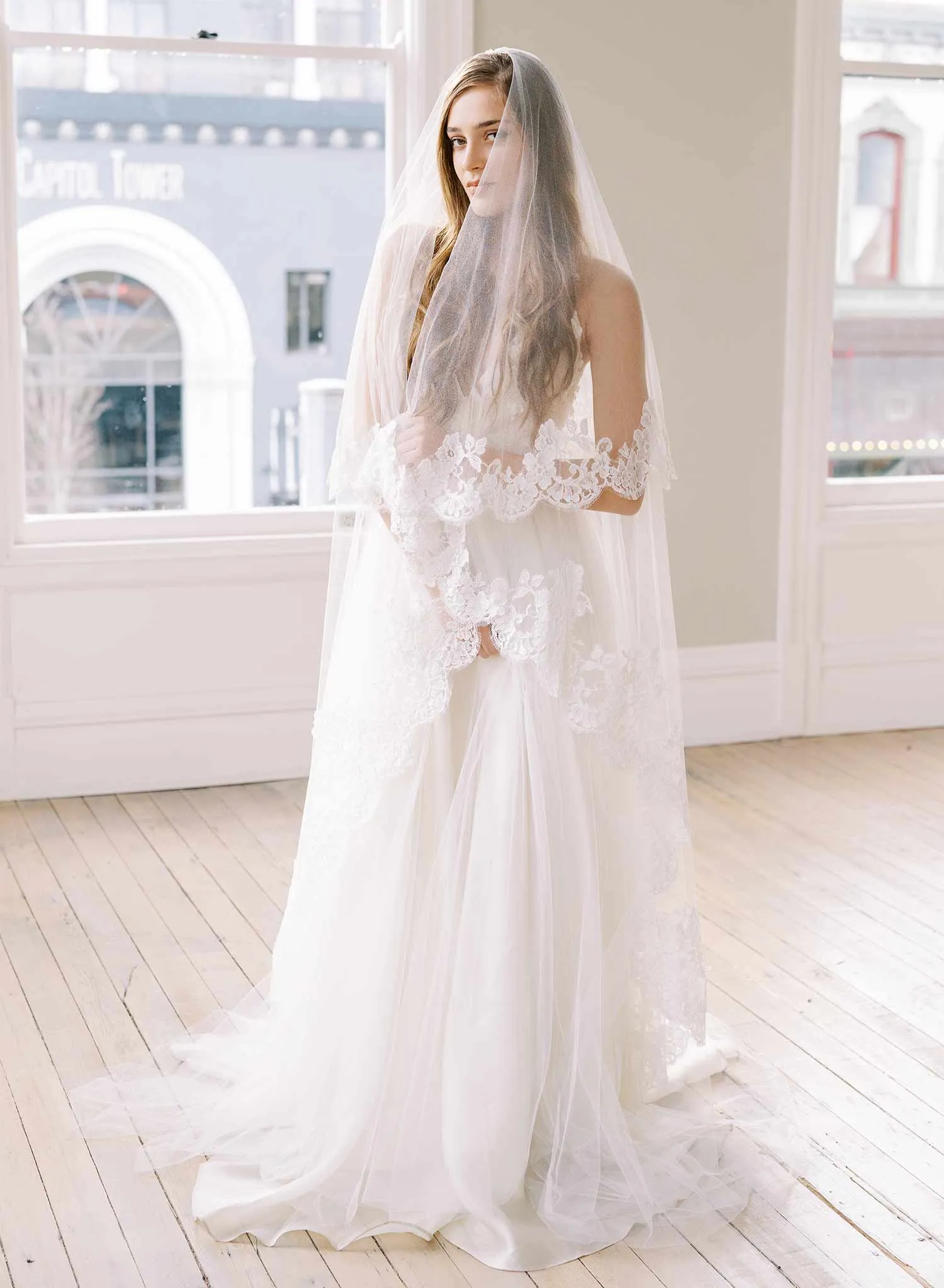 Floral romance French lace veil on silk tulle - Style #2460
