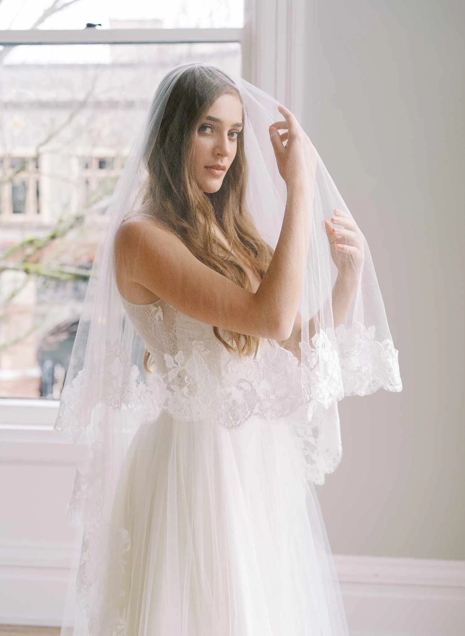 Floral romance French lace veil on silk tulle - Style #2460