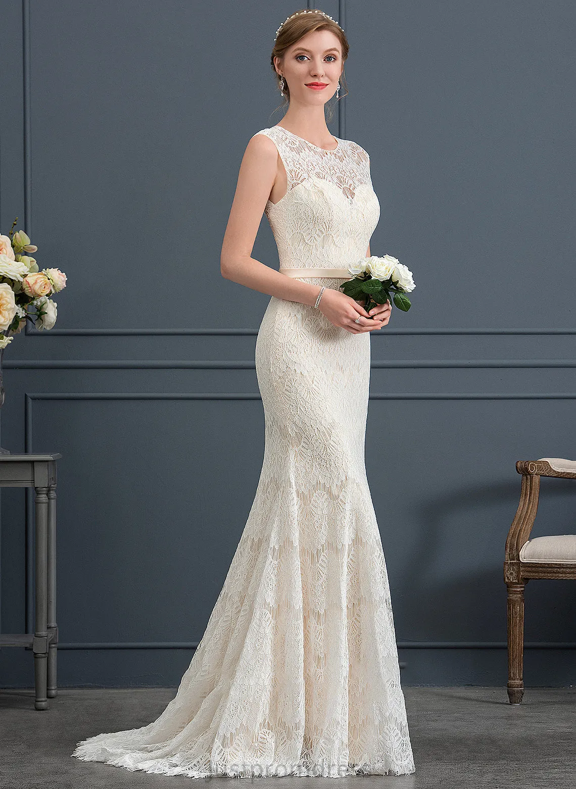 Frederica Dress Trumpet/Mermaid Neck Wedding Scoop Sweep Lace Wedding Dresses Train